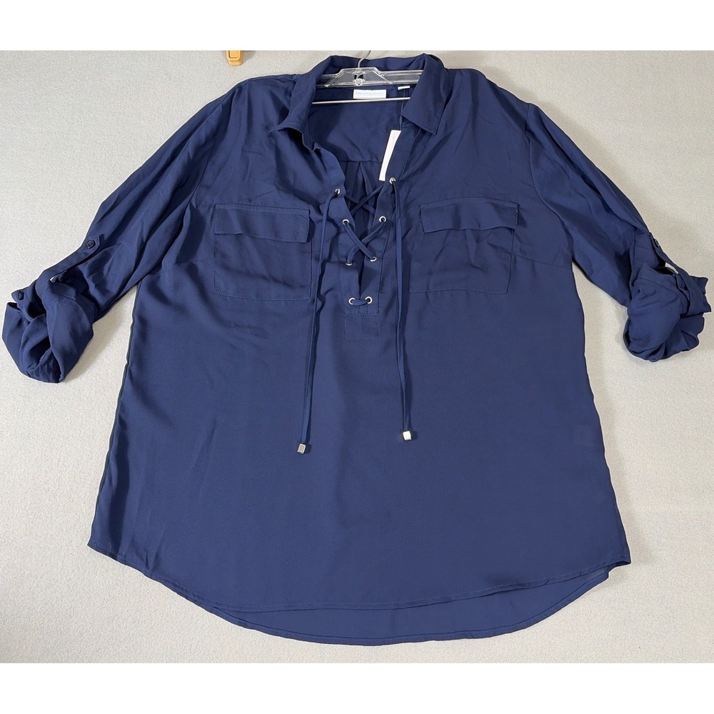 New York & Company Navy Blue Lace Up Utility Blouse Roll‎ Tab Sleeve XL 1639